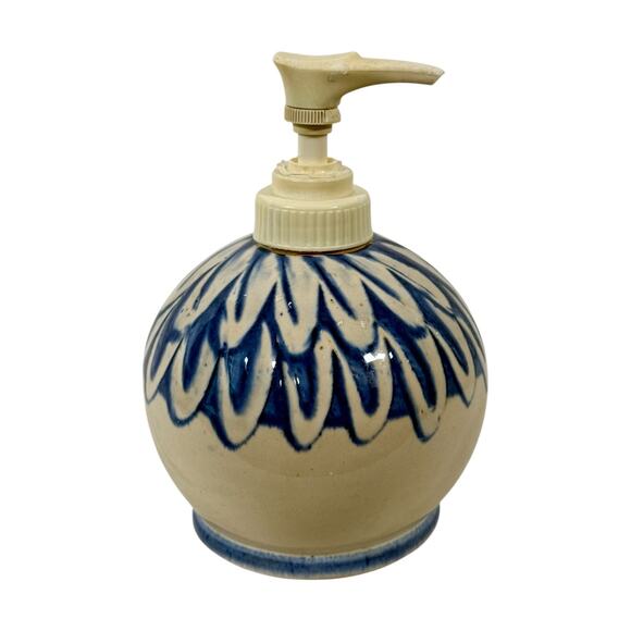 Deneen Pottery VTG Stoneware Blue Glaze Leaves Feathers Soap Dispenser Bud Vase - Picture 2 of 11